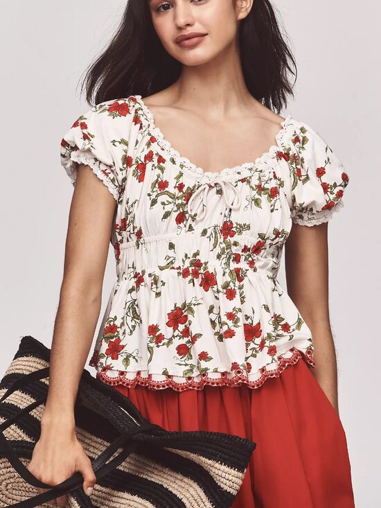 Anthropologie Tops - Anthropologie White Floral Peasant Blouse with Red Print